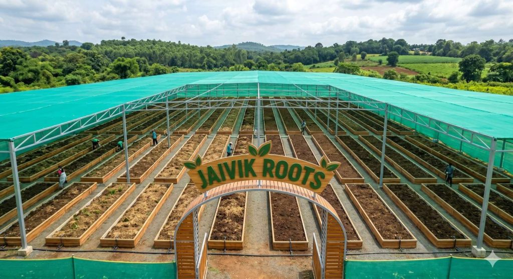 Professional commercial vermicompost farm setup with 30-foot beds under shade net.